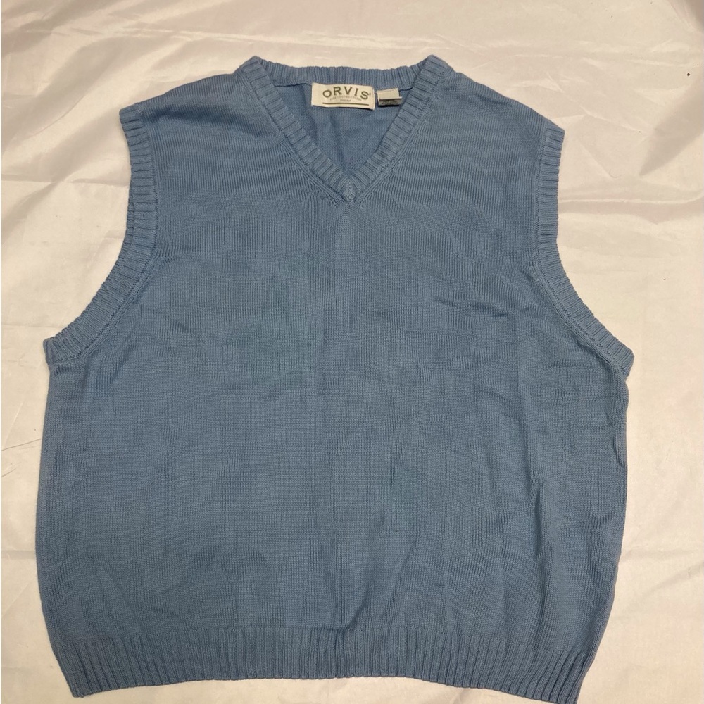 Orvis Men's V-Neck Light Blue vintage cotton sweater vest, XL, Golf/Fish/Hunt